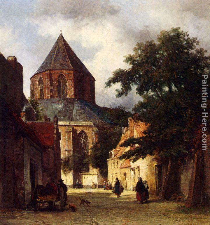 Johannes Bosboom Figures In The Streets Of A Dutch Town, A Church In The Background
